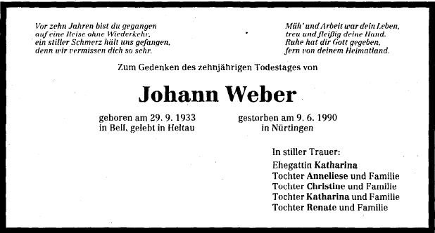 Weber Johann 1933-1990 Todesanzeige